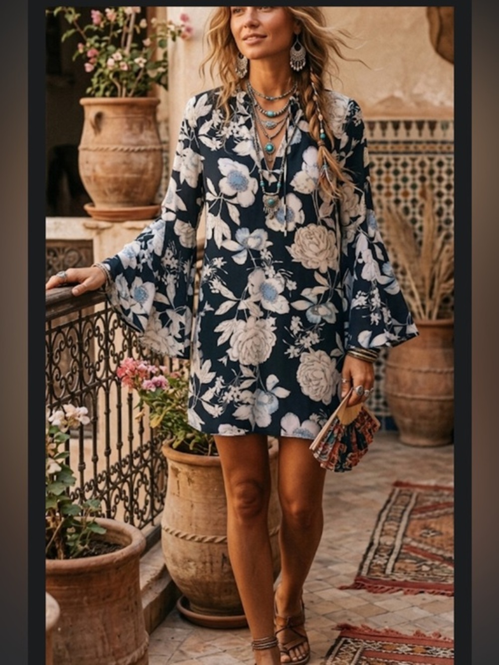 Lulu’s Dress Long Bell Sleeve Floral Print Boho
